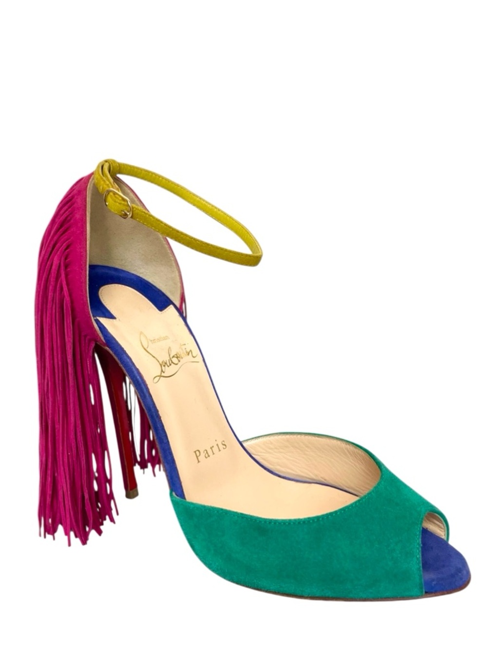 CHRISTIAN LOUBOUTIN Otrot Suede Fringe Stiletto Heels Sandals Color Block \\ 37